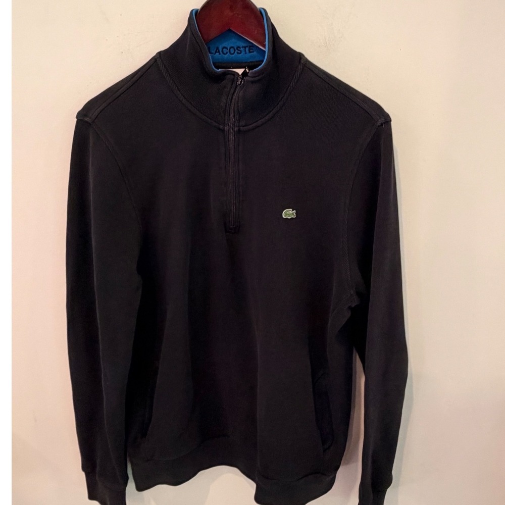 Lacoste Mens Navy Blue 1/4 Zip Ribbed Cotton Pullover Sweater Size 5 L 5191L